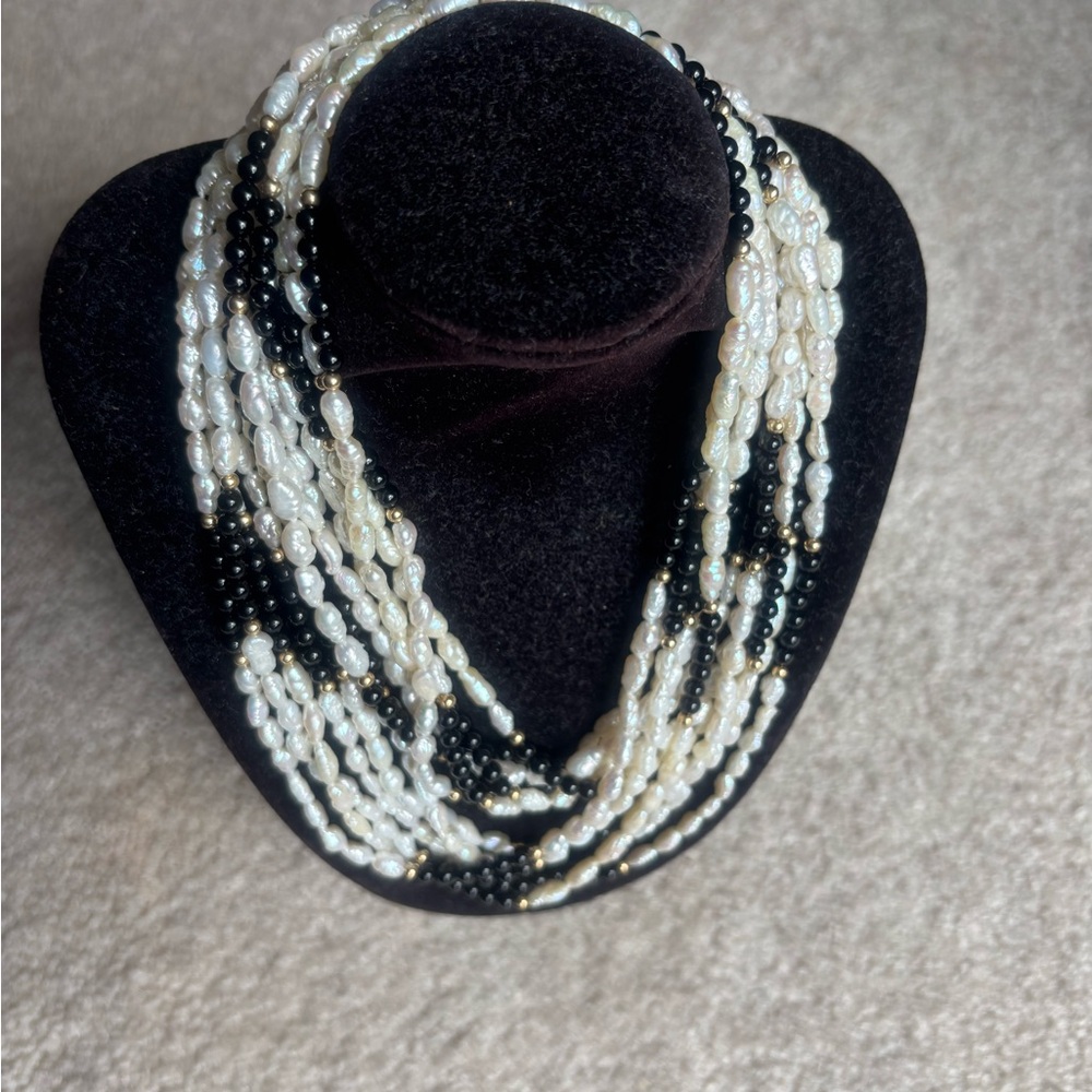 Chic Multi-Strand gold Pearl and Black Bead Necklace